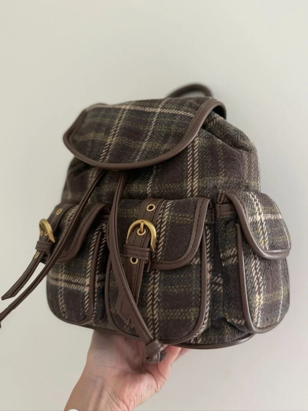 Madden Girl Brown Plaid Mini Backpack with Gold Hardware
